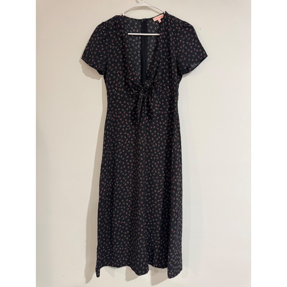 re:named Ditsy Floral Tie-Front Midi Dress Women Size S Black V-Neck